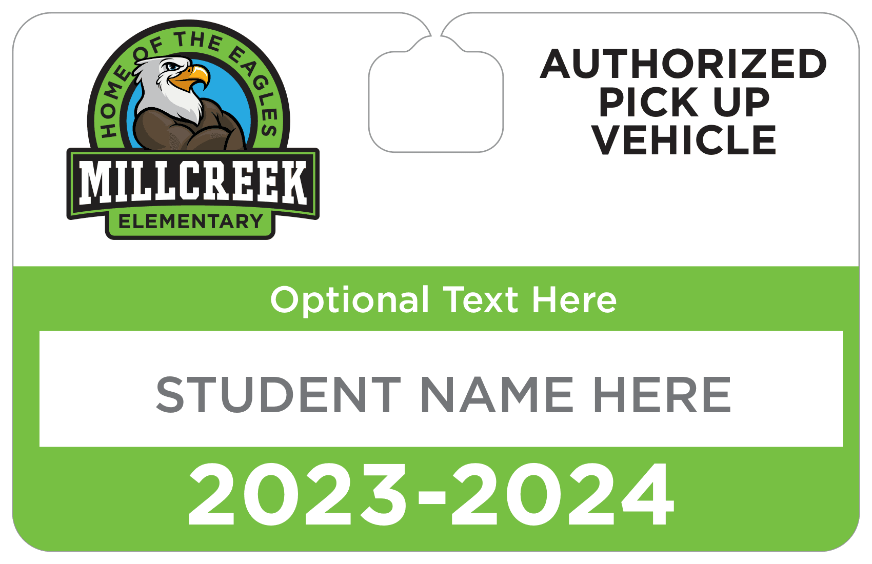 Front side of a Parent Pick-Up Tag, showing the school branding and family number