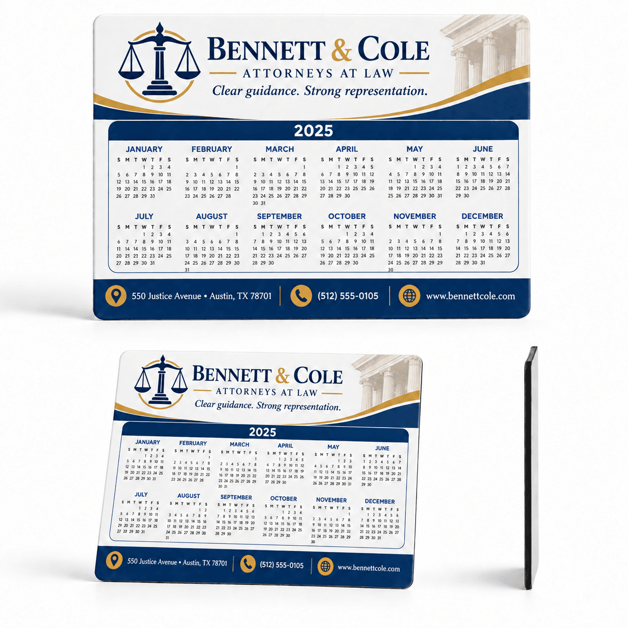 School calendar magnets sponsored by a local law firm, with the firm's address, phone number, and website along the bottom