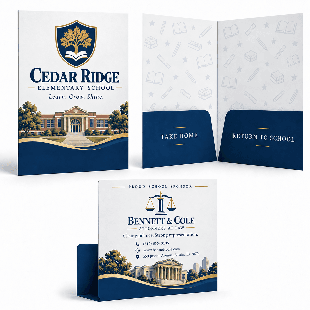 Elementary school take-home folders with the school's branding on the front and a local law firm on the back as a proud school sponsor
