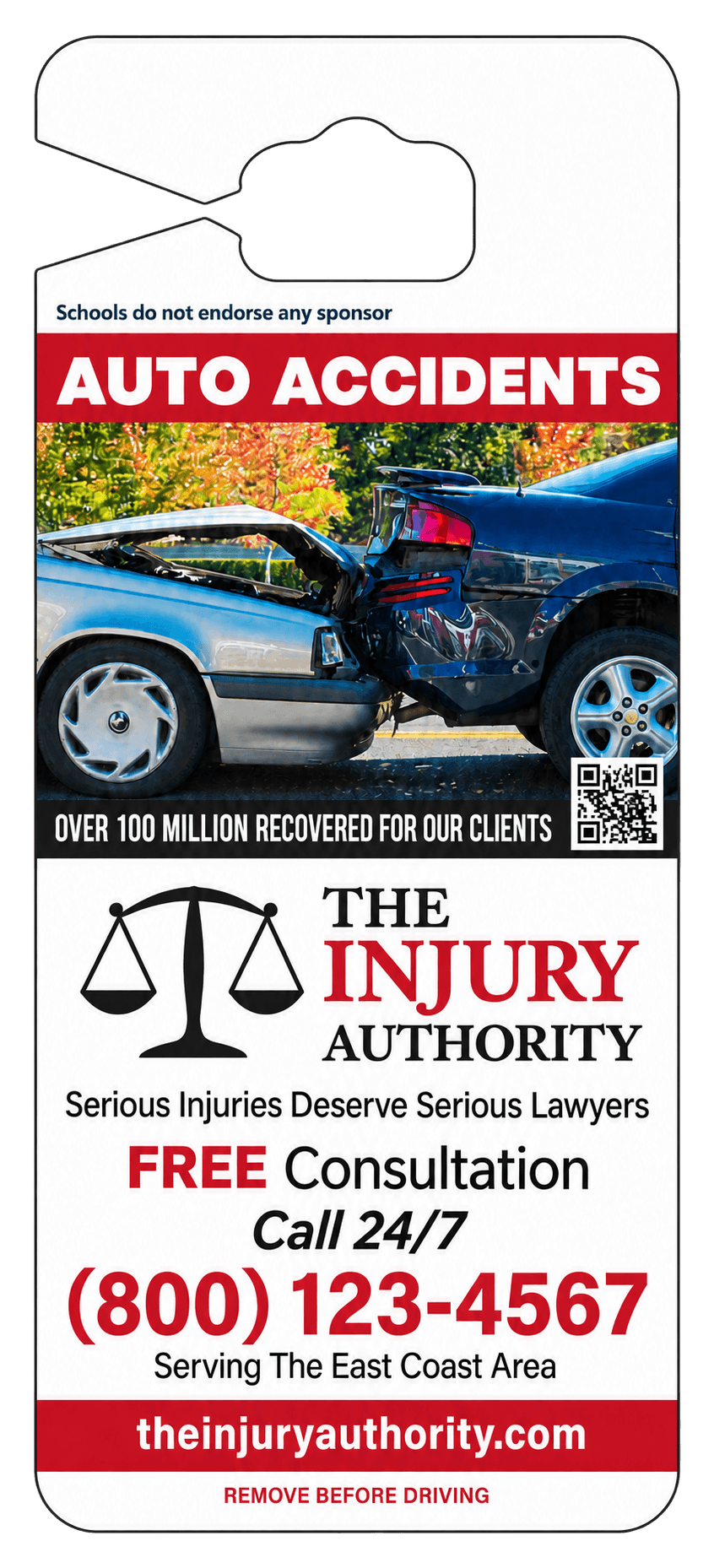 Sponsor side of a parent pick-up tag for a personal injury law firm, with a free consultation offer and phone number