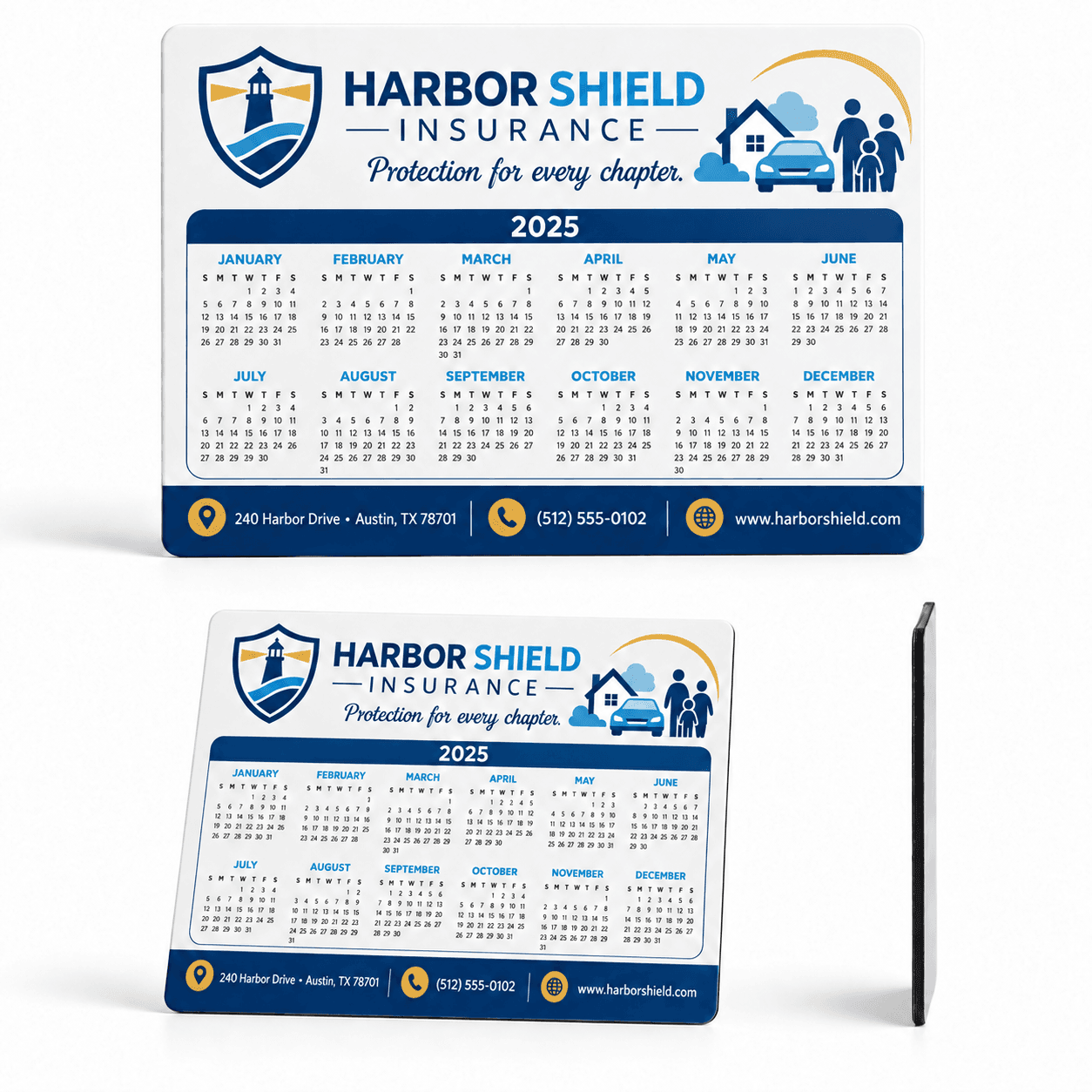 School calendar magnets sponsored by a local insurance agency, with the agency's address, phone number, and website along the bottom