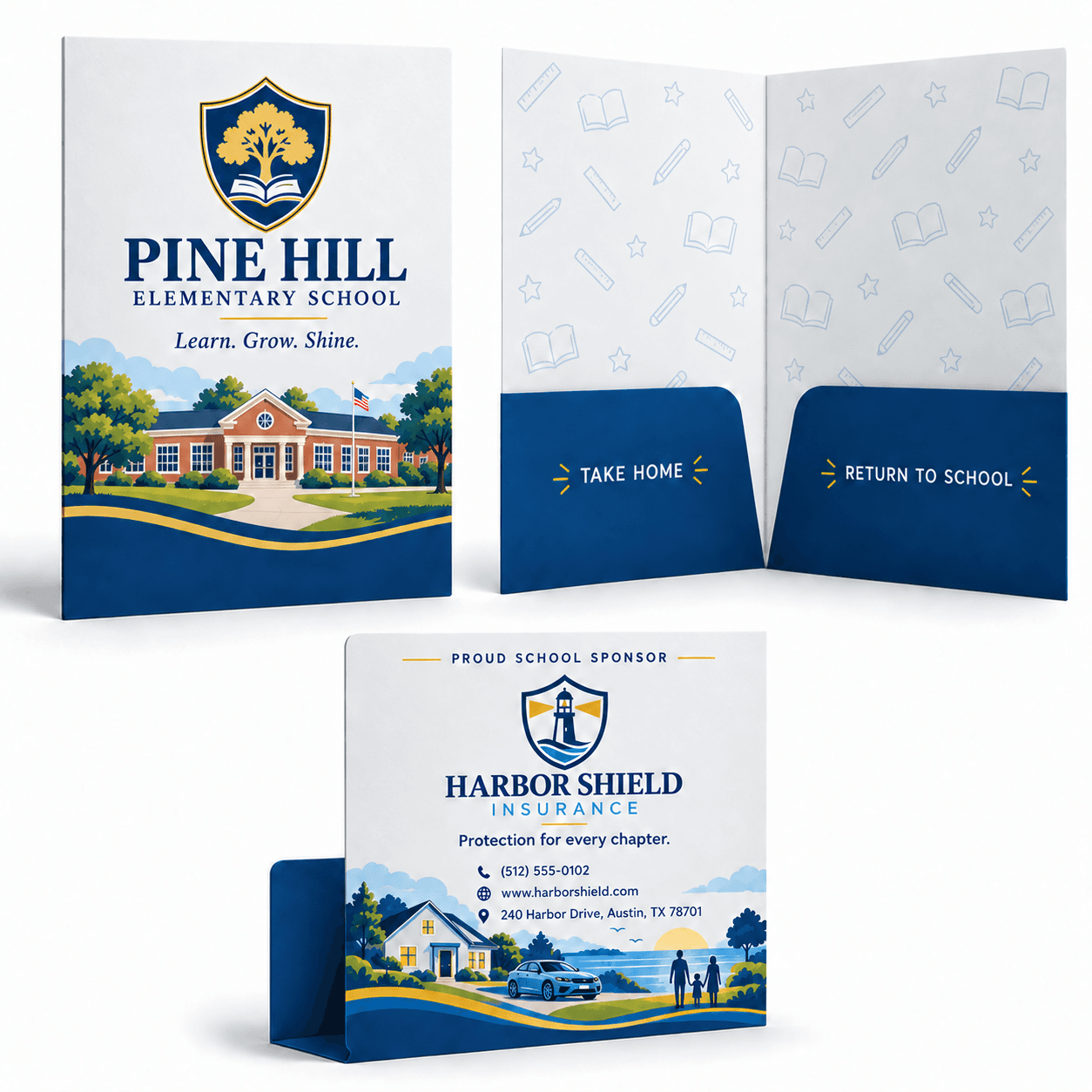 Elementary school take-home folders with the school's branding on the front and a local insurance agency on the back as a proud school sponsor