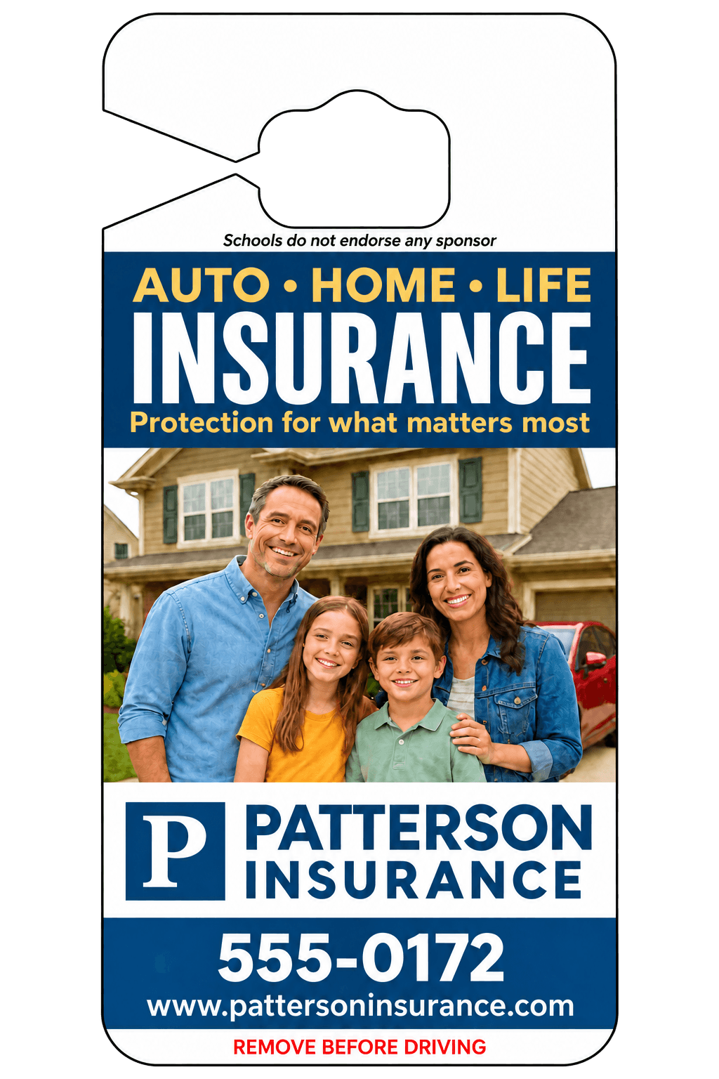 Sponsor side of a parent pick-up tag for a local insurance agency offering auto, home, and life insurance, with a family in front of their home