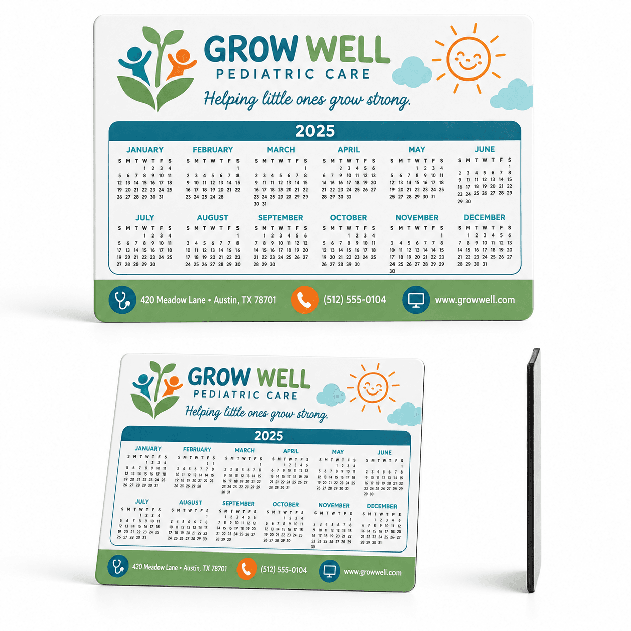 School calendar magnets sponsored by a pediatric care practice, with the practice's address, phone number, and website along the bottom