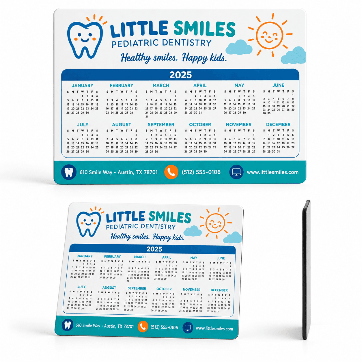 School calendar magnets sponsored by a pediatric dental practice, with the practice's address, phone number, and website along the bottom