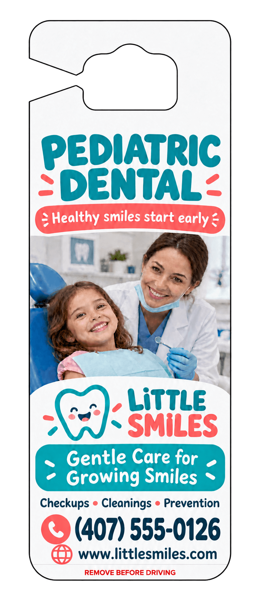 Sponsor side of a parent pick-up tag for a pediatric dental practice, with a smiling child in a dental chair and the practice's phone number