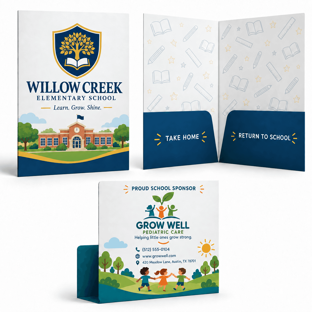 Elementary school take-home folders with the school's branding on the front and a pediatric care practice on the back as a proud school sponsor