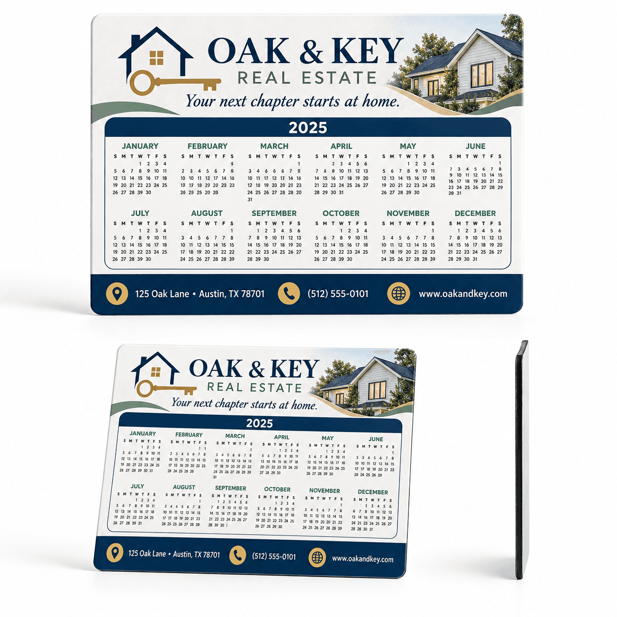 School calendar magnets sponsored by a local real estate agency, with the agency's address, phone number, and website along the bottom