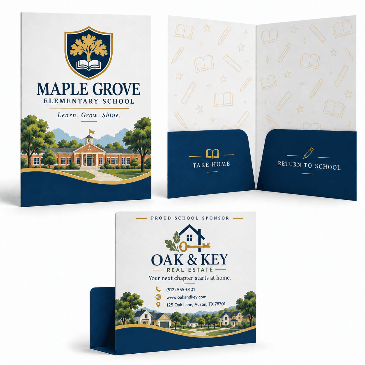 Elementary school take-home folders with the school's branding on the front and a local real estate agency on the back as a proud school sponsor