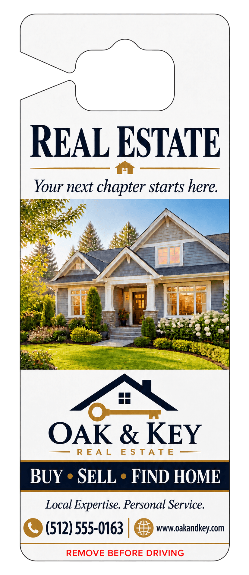 Sponsor side of a parent pick-up tag for a local real estate agency, with a photo of a family home and the agency's phone number