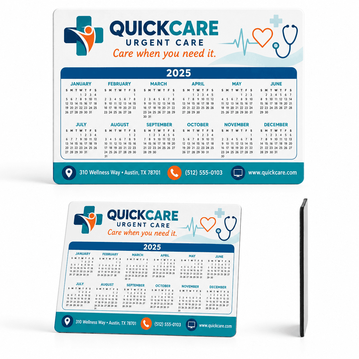School calendar magnets sponsored by an urgent care center, with the center's address, phone number, and website along the bottom