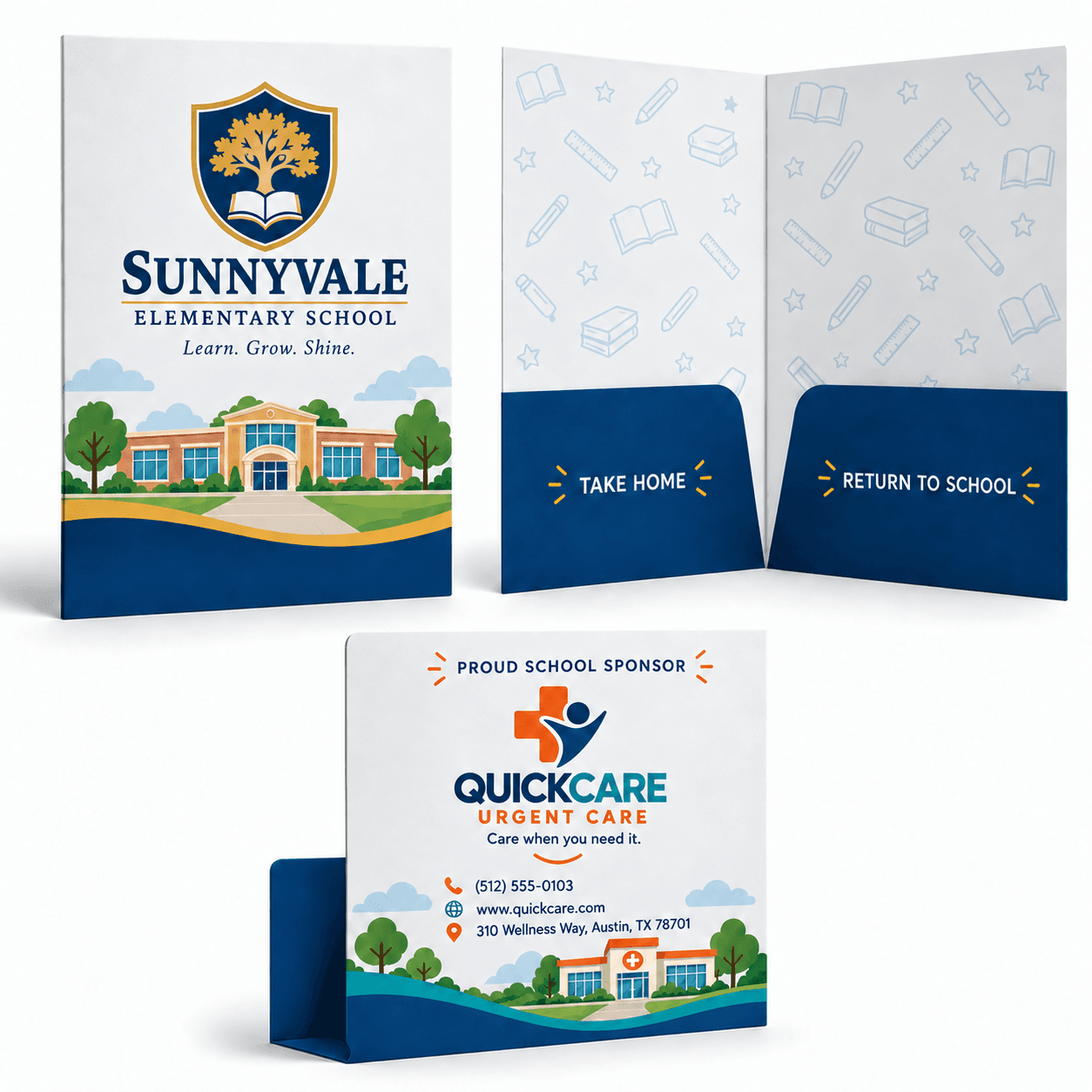 Elementary school take-home folders with the school's branding on the front and an urgent care center on the back as a proud school sponsor