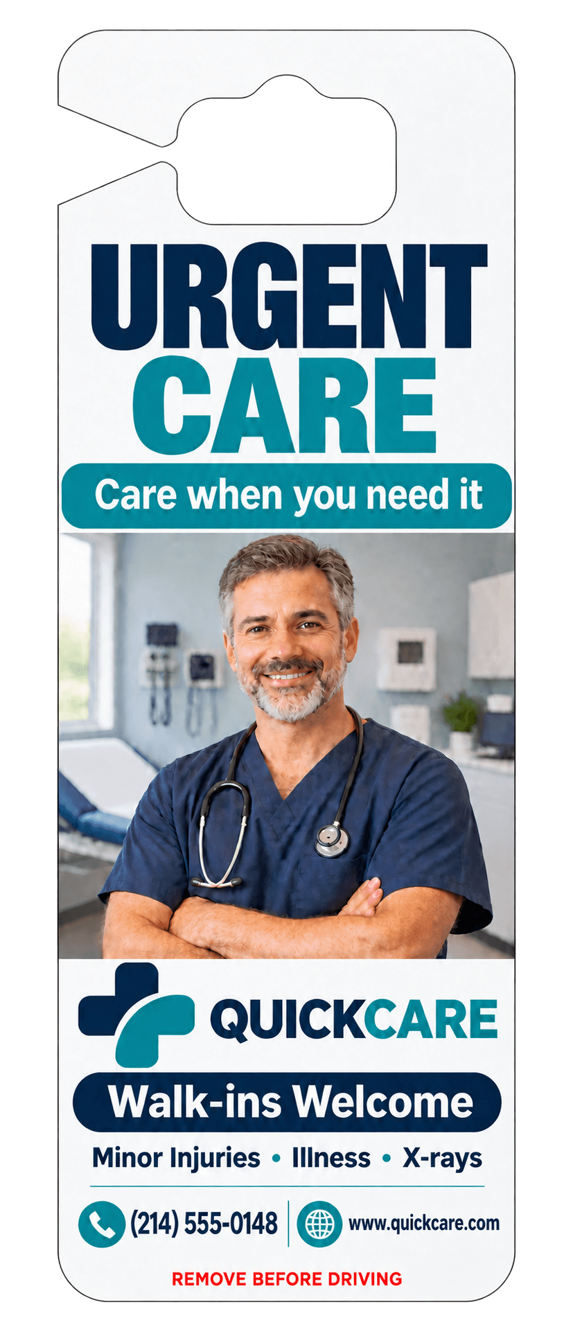 Sponsor side of a parent pick-up tag for a walk-in urgent care center, with a doctor and the center's phone number